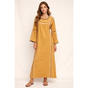 Josefa Vintage 70s 100% Cotton Long Kaftan Maxi Dress Size M Yellow Embroidered